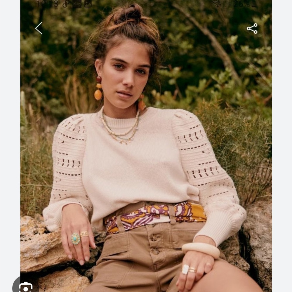 Sezane Cream Crewneck Sweater with Eyelet Detailing